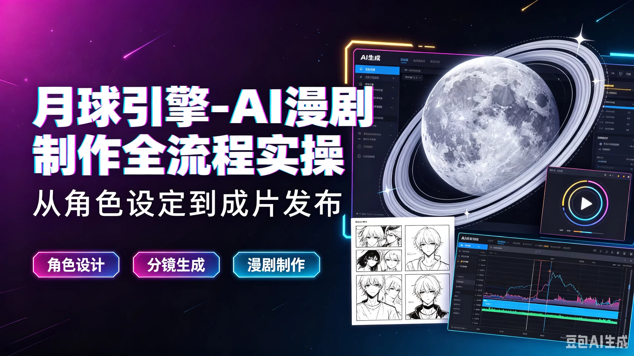 【精】月球引擎-AI漫剧制作全流程实操从角色设定到成片发布，角色设计、分镜生成、漫剧制作-茄子学堂-学必富