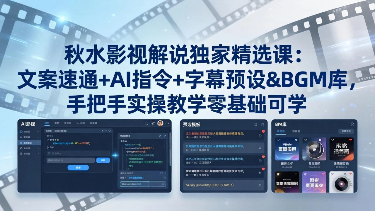 【精】秋水影视解说独家精选课：文案速通+AI指令+字幕预设+BGM库，手把手实操教学零基础可学-茄子学堂-学必富