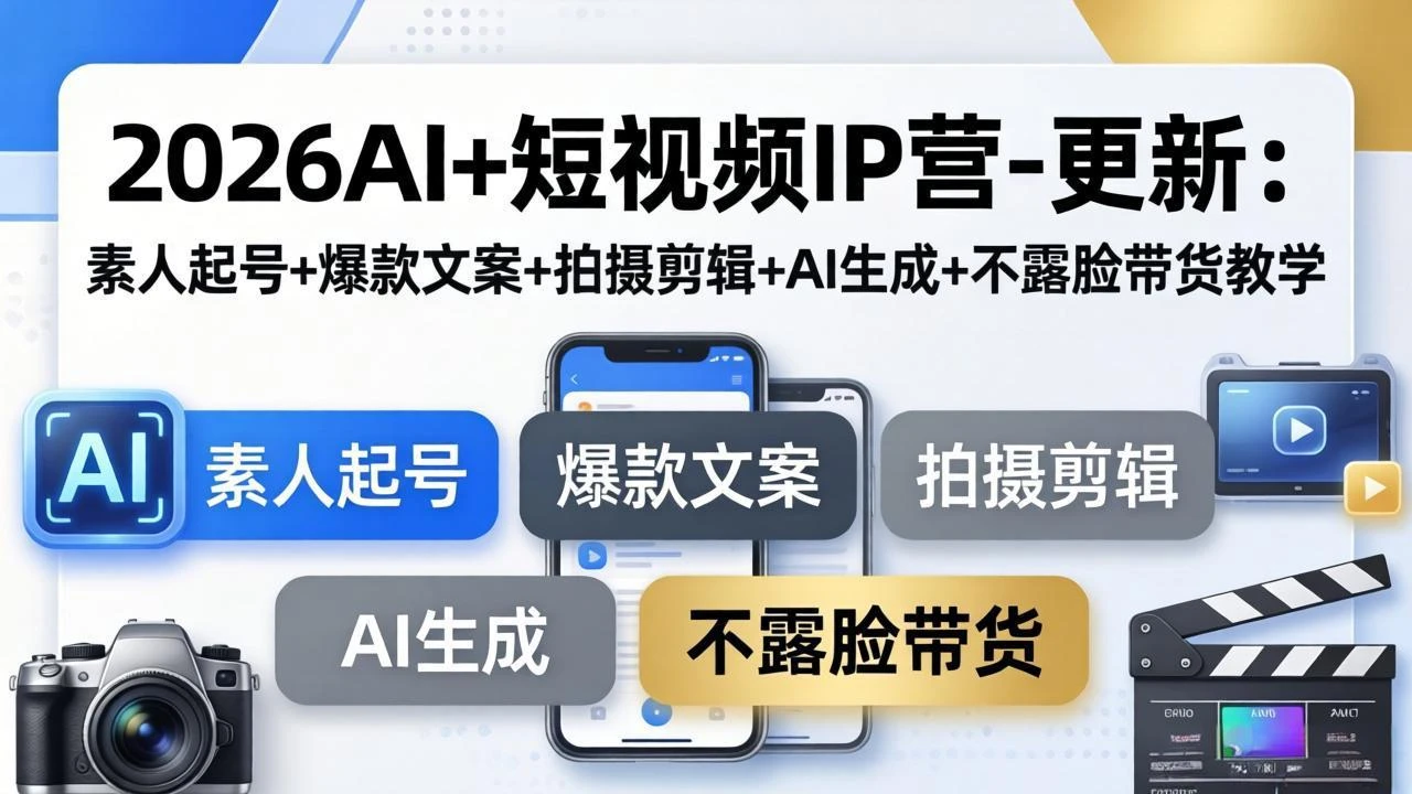 【精】2026AI+短视频IP营-更新：素人起号+爆款文案+拍摄剪辑+AI生成+不露脸带货教学-茄子学堂-学必富